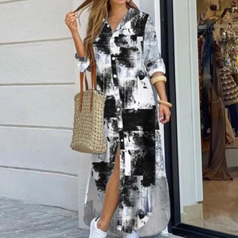 Casual Long Shirt Dress Autumn Women Long Sleeve Maxi Dresses Laides Turn-down Collar Office Dresses Loose Sundress Robe Longue tie-dye print