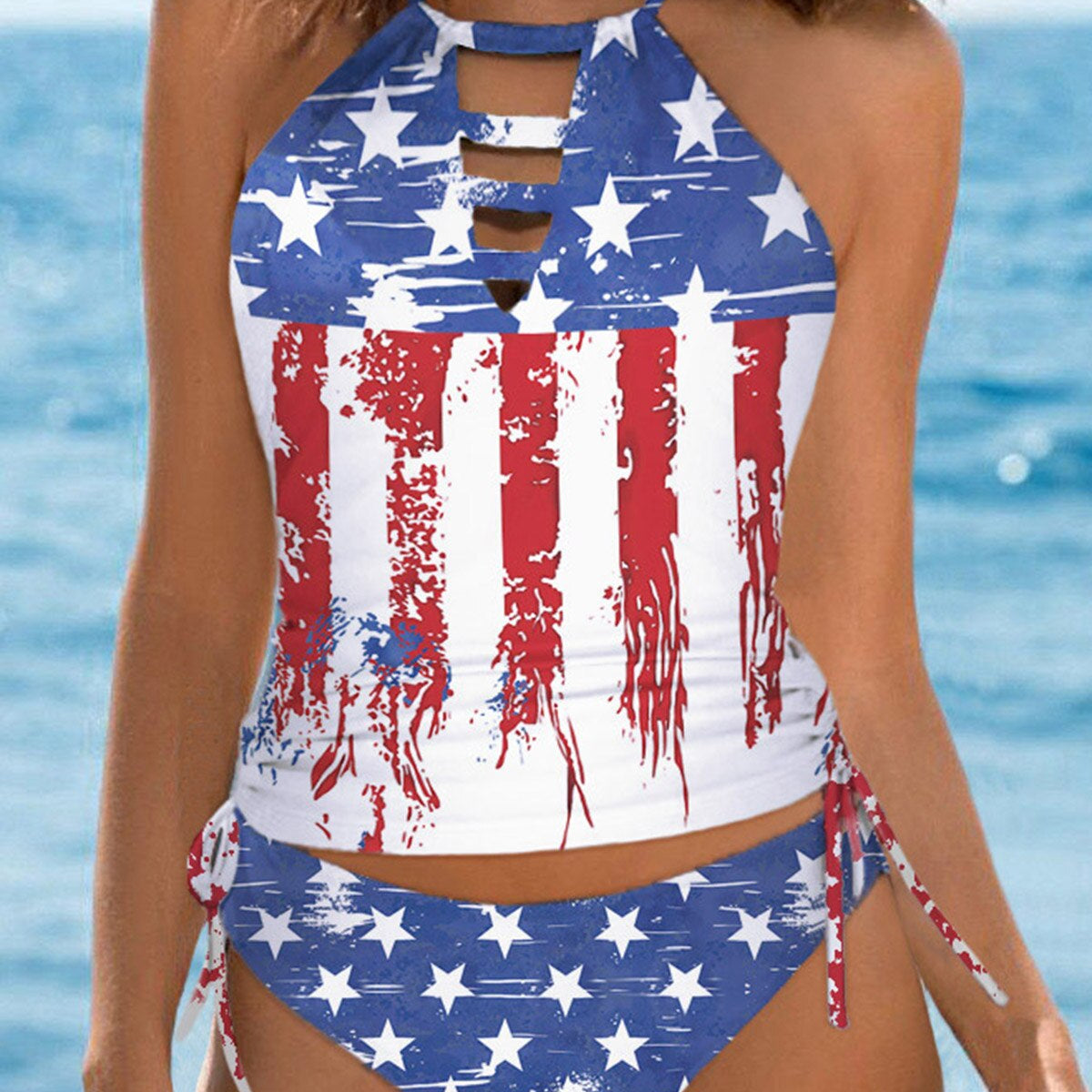 Sexy Women American Flag Hollow Out Drawstring Halter Tankini Set Brazilian Swimsuit Bra Two Piece Swimwear Beachwear