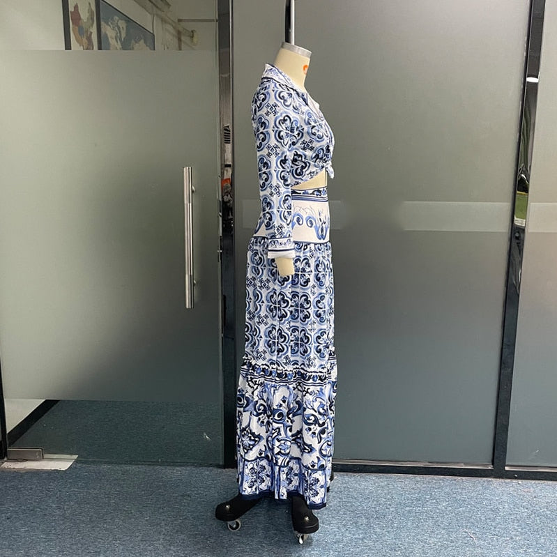 Women 2 Piece Sets Autumn Skirt Sets Sexy Lapel Porcelain Print Sets To Dress Bare Waist Long Sleeves Party Outfit