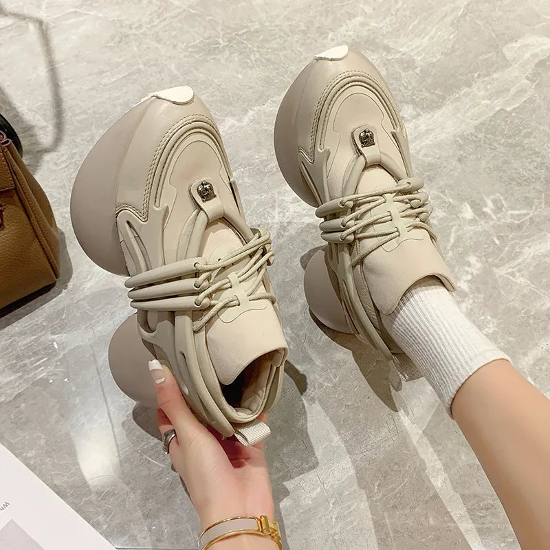 Women Sneakers Genuine leather Platform Sneakers Women Casual Shoes Chunky Sneaker 6CM Increase Designer Thick Sole Dad Shoes Gray