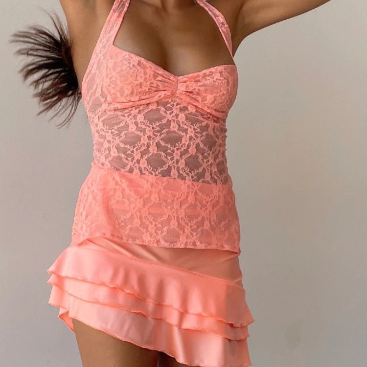 JULISSA MO Ladies Sexy Halter Bandage Lace See Through Crop Top For Women Summer Backless Slim Party Tops Vest orang