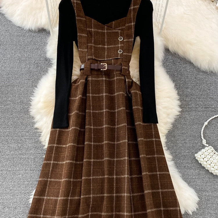 Fall Winter Women Sweater Overalls Dress Sets Casual Knitted Tops +Plaid Woolen Dress 2 Piece Sets Outfits Female