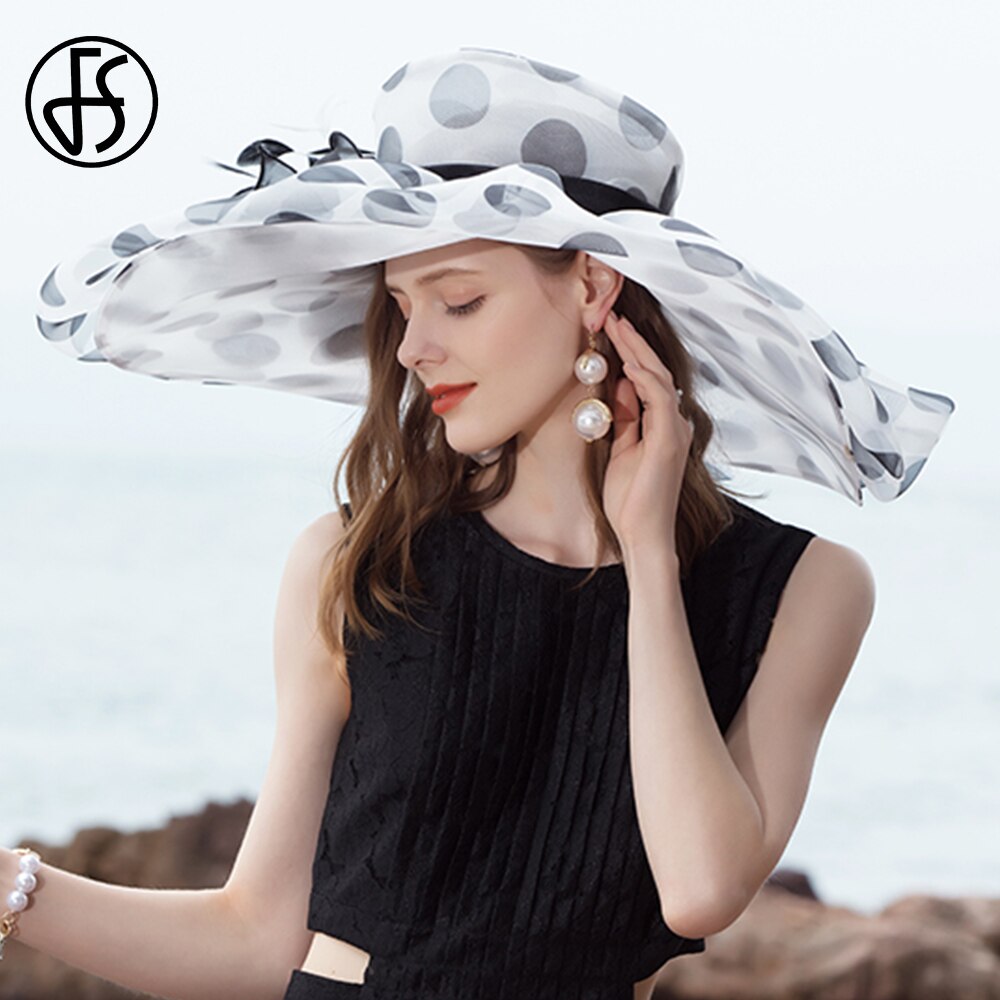 FS Oversized Brim Dot Organza Top Hats For Women Beach Visor Sun Sombreros Flowers Fedora Lady Wavy Edge UV Protection Derby Cap