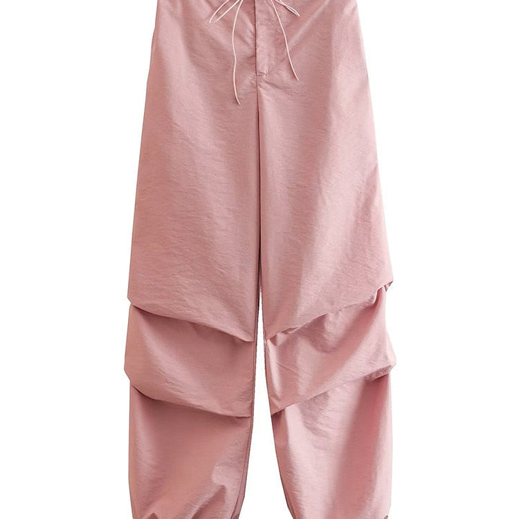 TRAF Women Fashion Side Pockets Pleats Knee Jogging Pants Vintage High Elastic Waist With Drawstring Female Trousers Mujer as picture 4