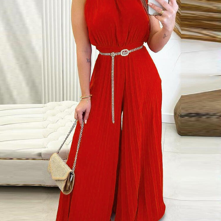 Elegant Women Fashion Red Green Sleeveless Jumpsuit Summer Sexy Halter Tied Detail Plain Pleated Wide Leg Casual Long Jumpsuit Red