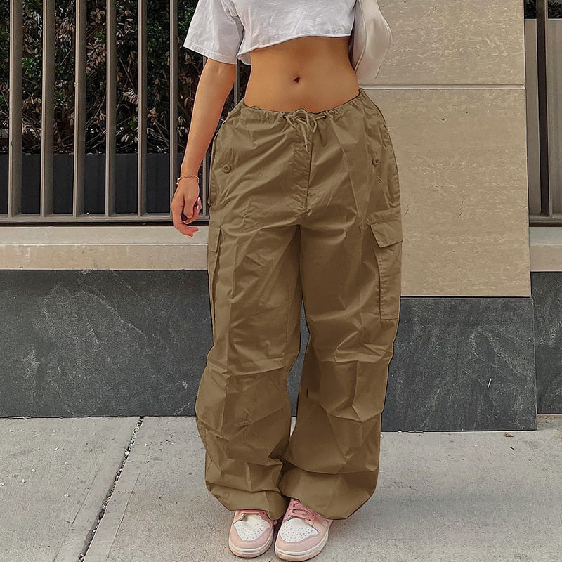 Y2K Clothing Oversized Plus Size Low Waist Parachute Loose Baggy Sweatpants Trousers Women Jogger Cargo Pants Streetwear Outfits khaki