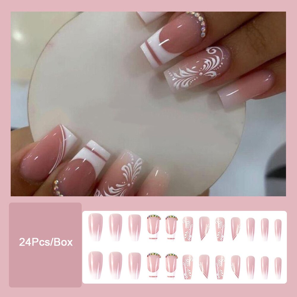 Trendy Rhinestones False Nail Tips With Print Designs Ballerina Manicure French White Fringe Coffin Fake Nails Set Press on Nail