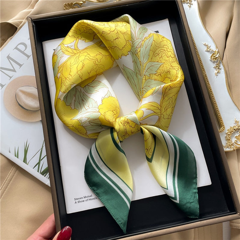 Luxury Print Satin Silk Square Scarf for Women Shawl Hijab Neckerchief Female Hair Ribbon Headband Fashion Wrap Bandana New FJ679-2