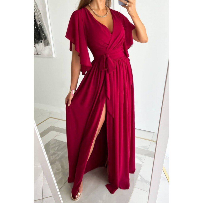 Solid Color High Waist Lace-up Gown Ladies Elegant Commuter Evening Party Split Hem Dressy Women's V Neck Flared Sleeve Dresses