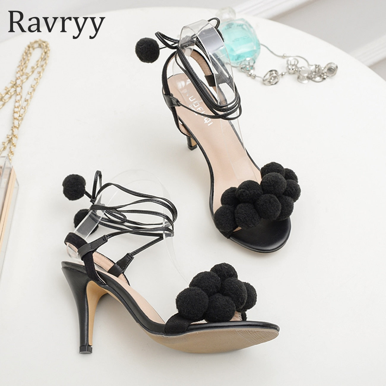 Colorful Fur Ball Strappy Sandals Summer Cute Roman Women's Shoes Red Temperament Pointy Toe Open-toed Strappy High Heels