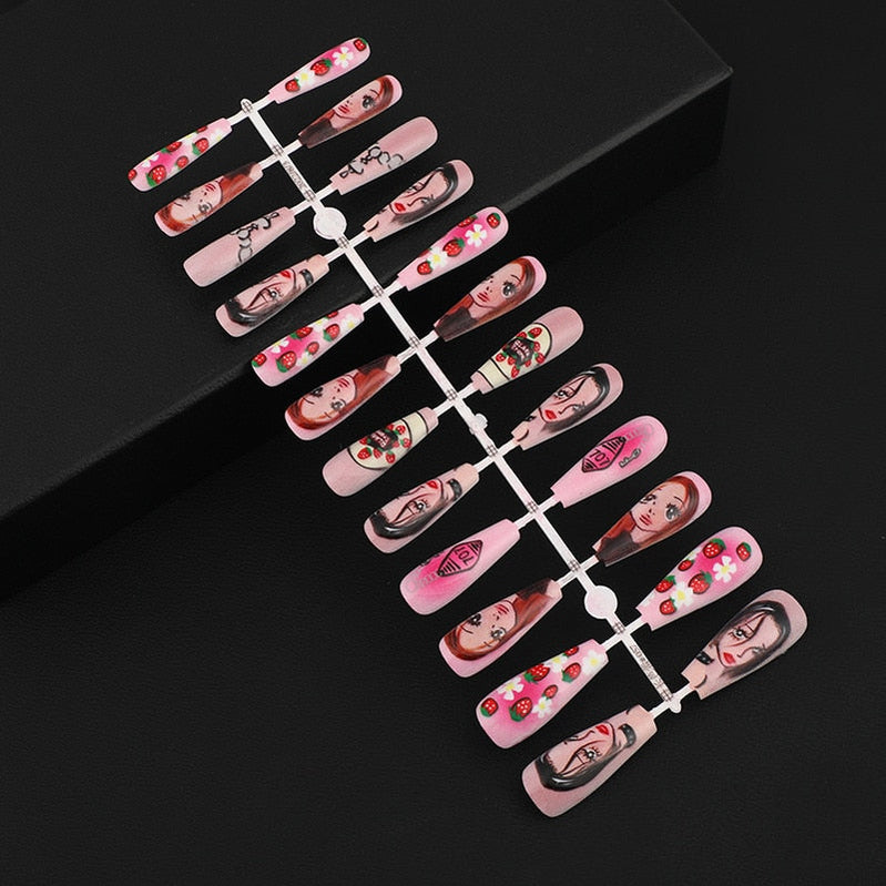 3D fake nails set press on faux ongles long french cofftin tips Ballet strawberry girl design DIY manicure decoration false nail