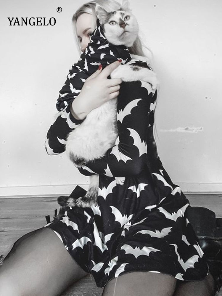 Gothic Black Bat Printed Dress Tutleneck for Women Long Sleeve Spring Fall Punk Vestidos Party Outfits Soft Clothes