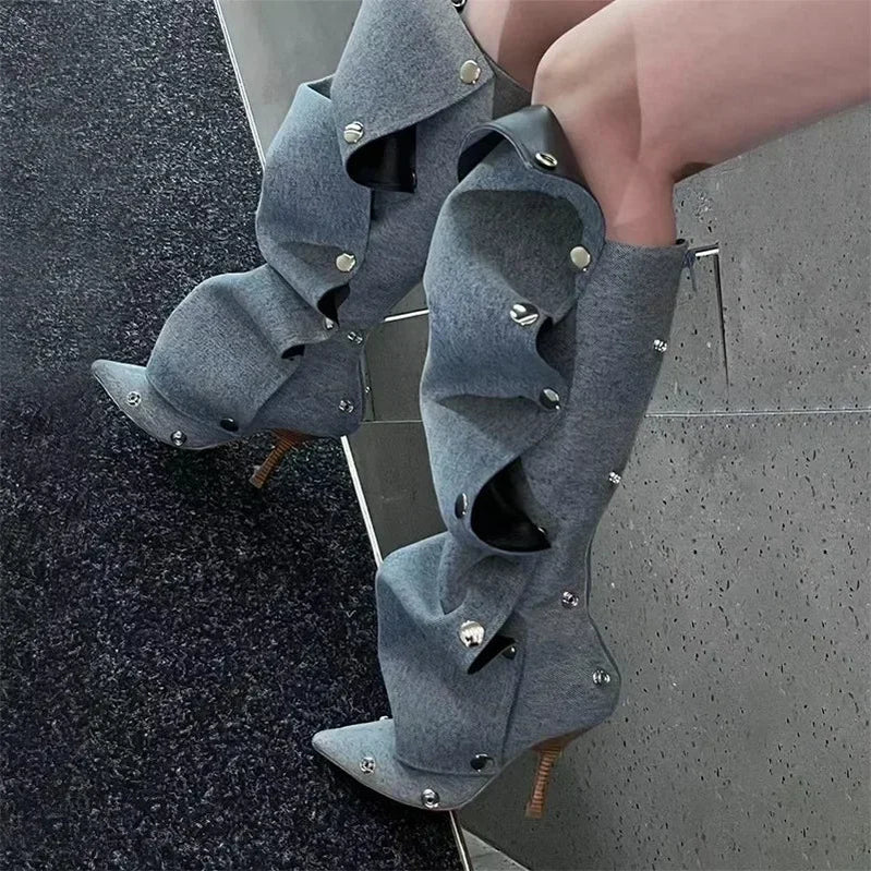 New European and American Slim High Heels, Knee High Boots, Pointed Pleated Metal Buttons, Women's Fashion Show, Winter Boots