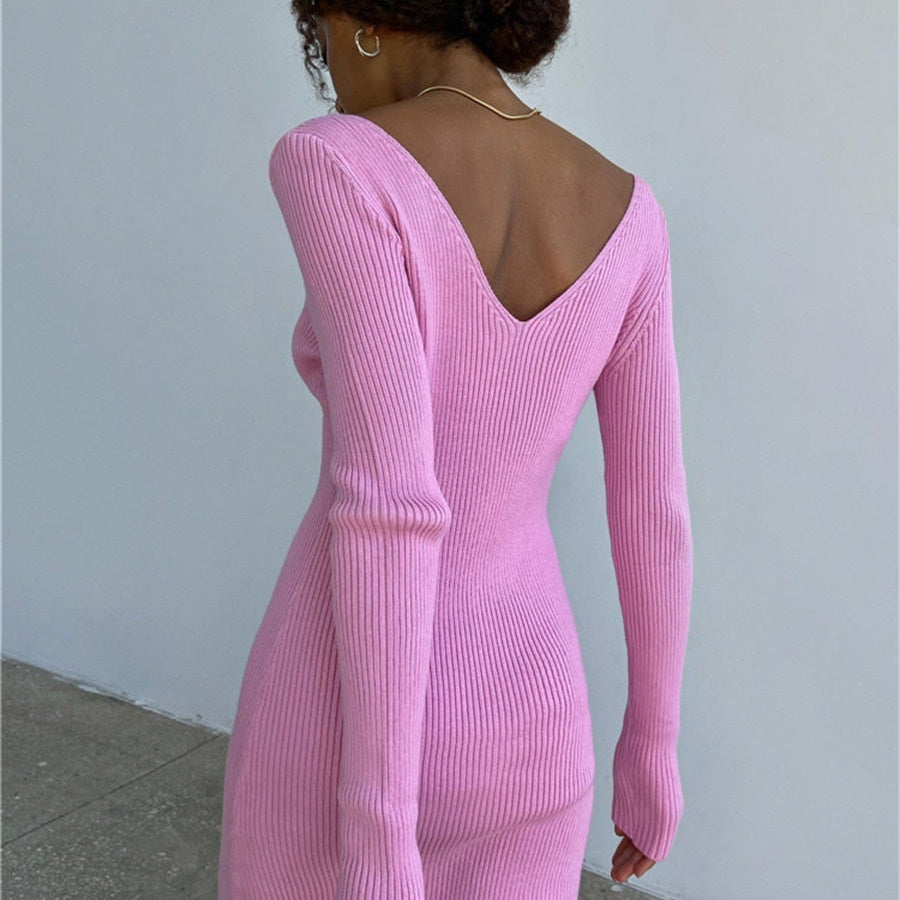 Fall Winter Knit Rib Wrap Midi Pencil Dress for Women Casual Simple Style Long Sleeve V-Neck Backless Bodycon Dress
