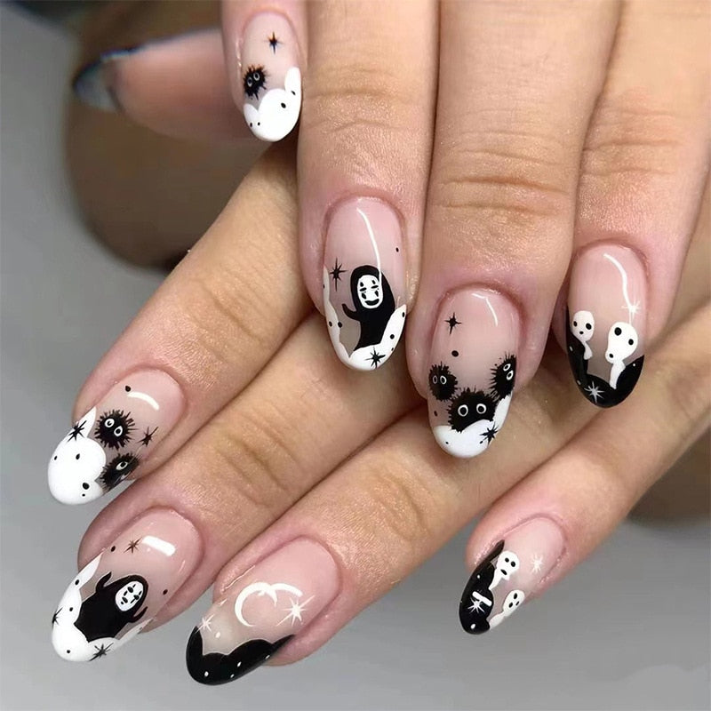 Halloween Press on Fake Nail Set Art Black French Tip Full Cover Coffin Acrylic Short Press-on Pressure False Nails Tips 24pcs