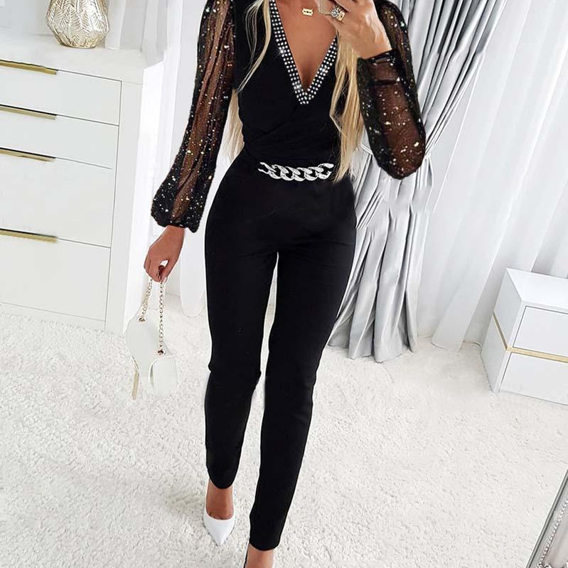 Deep V Neck Mesh Long Sleeve Jumpsuit One Piece Overall Women Black Elegant Rhinestone Chain Glitter Party Night Sexy Bodysuits