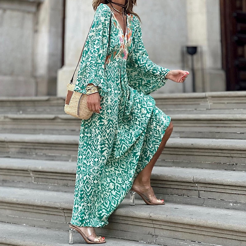 Ethnic Retro Floral Print Holiday Beach Dress Spring V Neck Patchwork Boho Long Dress Women Puff Sleeve Belted A-Line Maxi Dress