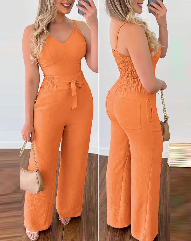 Woman Long Jumpsuits Elegant Sexy V-Neck Shirred Cami Top &amp; High Waist Pants Set New Fashion Casual One Pieces C