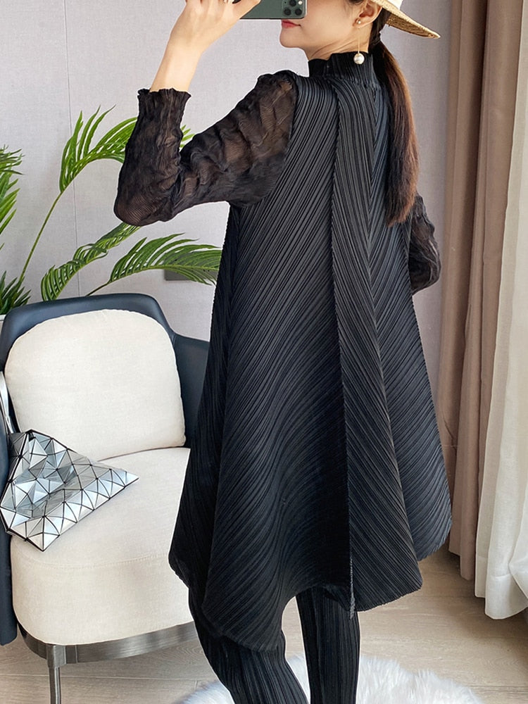 Sets Women Pleated Two Piece Set Fall Winter New Loose Casual Suit Lace Fashion Long Dress Top Pencil Pant Clothes