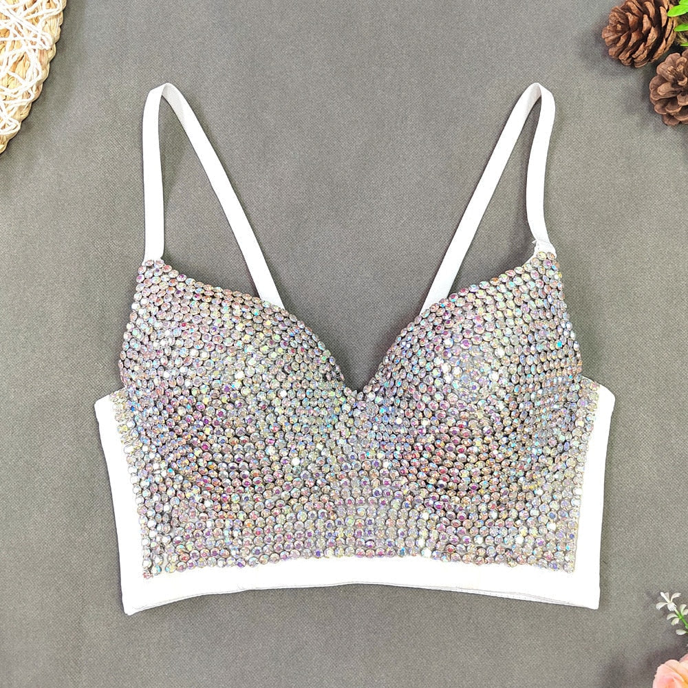 Women Tank Tops Luxury Sequined Rhinestone Pearl Wedding Push Up Bra Woman Clothes Camis Stage Ladies Crop Top Corset y2k Blusas 18-white AB