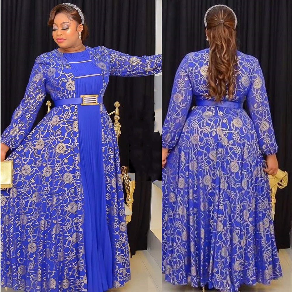African Maxi Dresses For Women 2023 Plus Size Evening Party Long Dress Africa Clothing Elegant Kaftan Muslim Chiffon Dress Blue