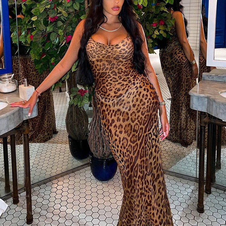 Leopard Print V-Neck Sexy Bodycon Long Dress Women Lace Up Backless Summer Dresses Female Straps Party Beach Vestidos