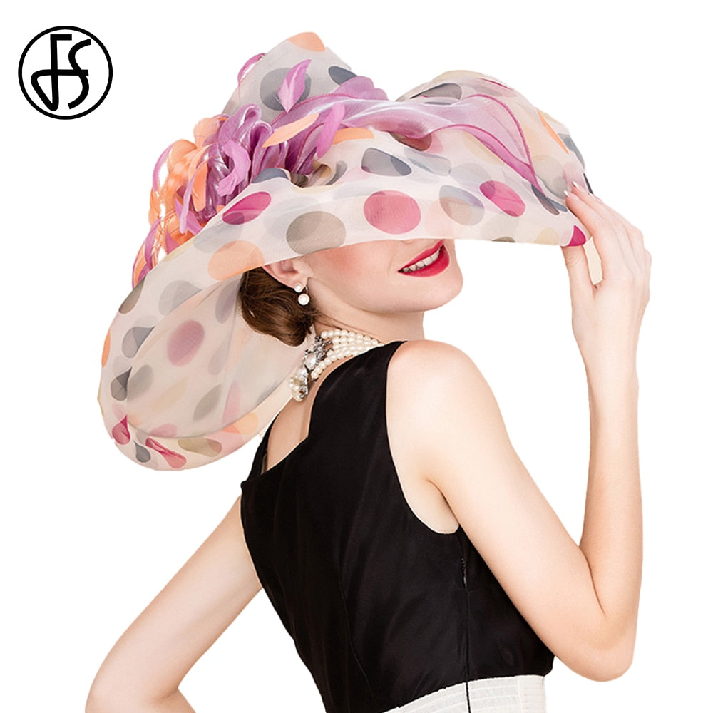 FS Oversized Brim Dot Organza Top Hats For Women Beach Visor Sun Sombreros Flowers Fedora Lady Wavy Edge UV Protection Derby Cap