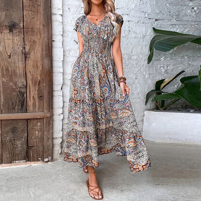 Women Vintage Print Long Dress 2023 Summer Sexy V Neck Short Sleeve A-line Dress Female Elegant Elastic Waist Maxi Dresess Robe Orange