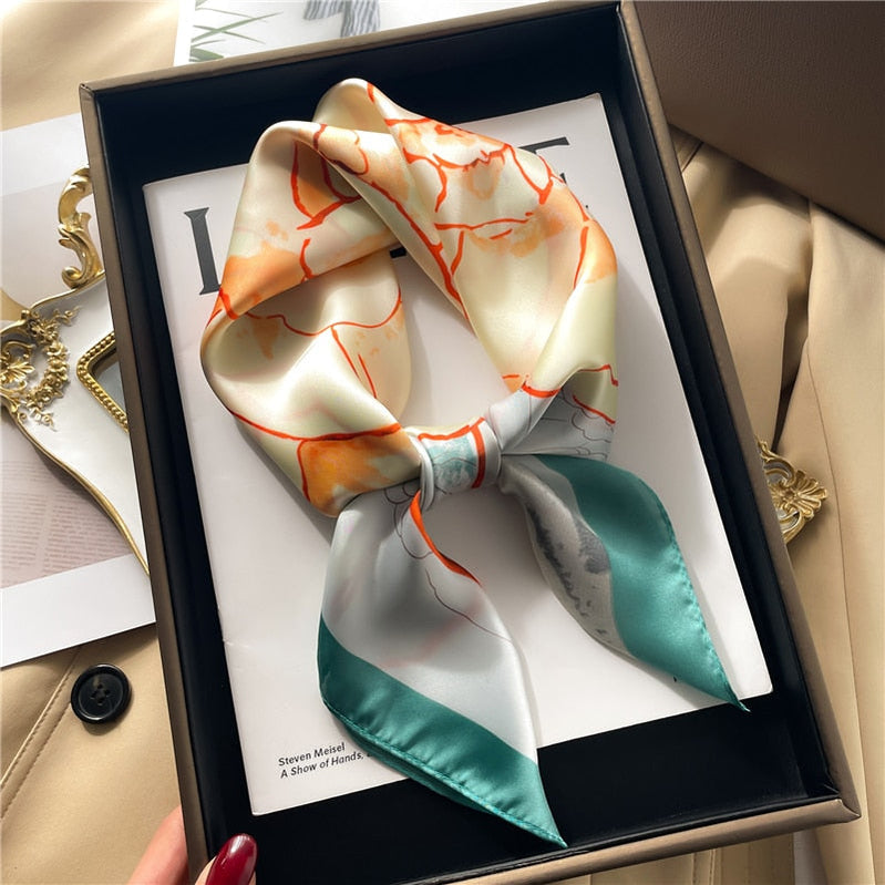 Luxury Print Satin Silk Square Scarf for Women Shawl Hijab Neckerchief Female Hair Ribbon Headband Fashion Wrap Bandana New FJ639-4