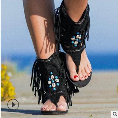 Retro Women Fringe Flower Wedges Shoes Solid Flock Beach Casual Sandals Women Summer Flip Flop Sandals Black