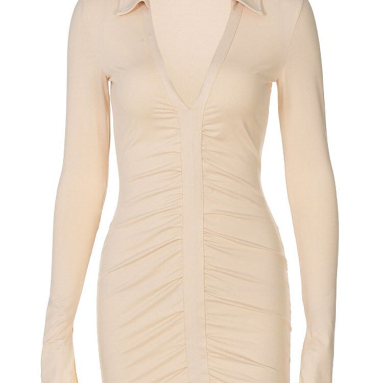Simenual Ruched V Neck Turn Down Collar Skinny Dress Long Sleeve Fall Spring Sexy Clubwear Birthday Outfit Women Mini Dresses