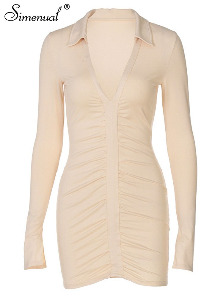 Simenual Ruched V Neck Turn Down Collar Skinny Dress Long Sleeve Fall Spring Sexy Clubwear Birthday Outfit Women Mini Dresses