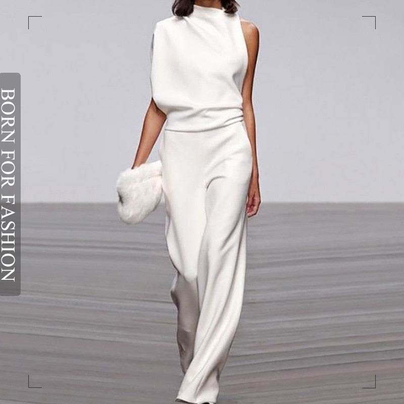 Solid Color One Shoulder Women&#39;s Pants Summer New Sleeveless Stacked Neck Jumpsuits Women Bodysuit Clothes Streetwear