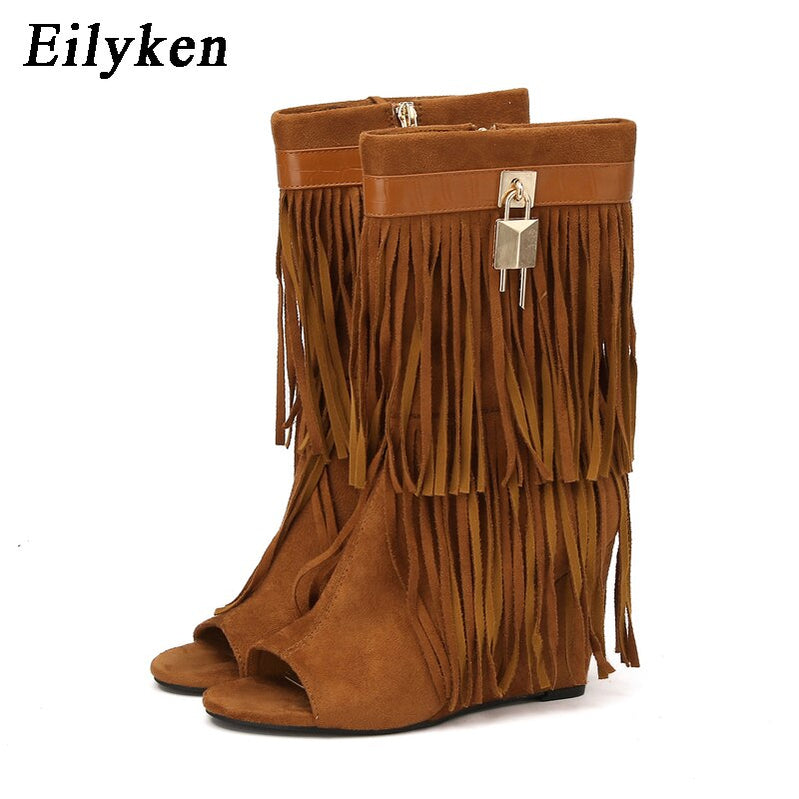 Eilyken Designer Fringe Wedges Boot Sandals Woman High Heels Open Toe Party Prom Shoes Sexy Zipper Female Pumps Brown