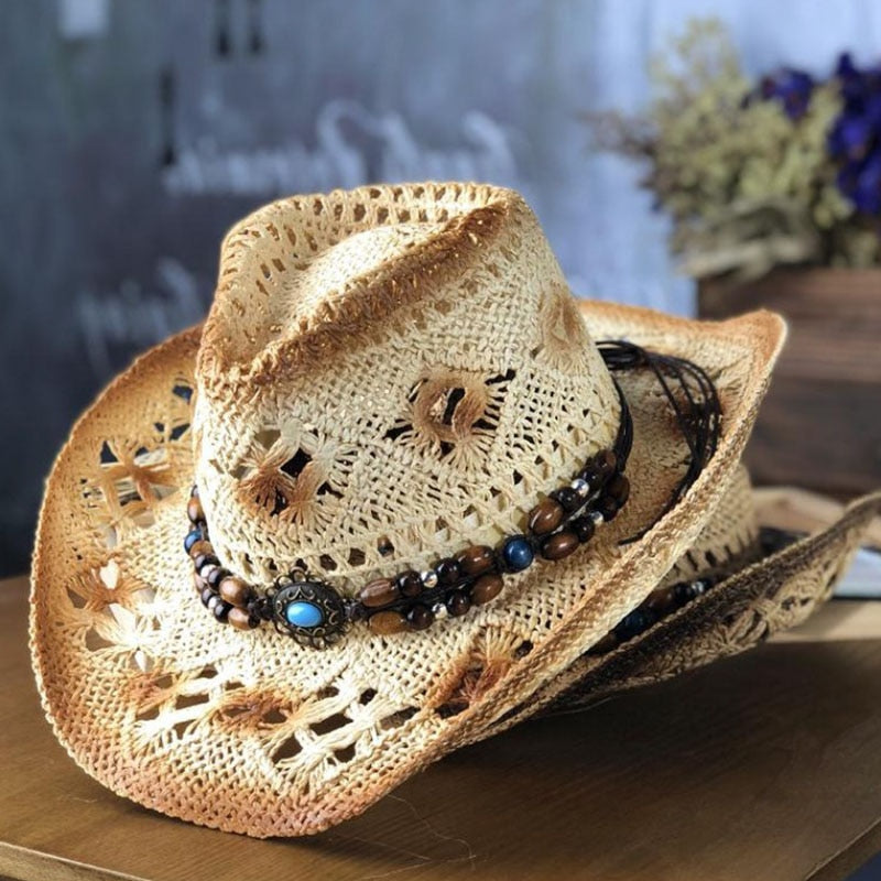 Fashion Rolled Jazz Cowboy Straw Hat Spring And Summer Men And Women Gem Strap Beach Sun Cap Outdoor Sun Shade Hollow Knight Hat beige