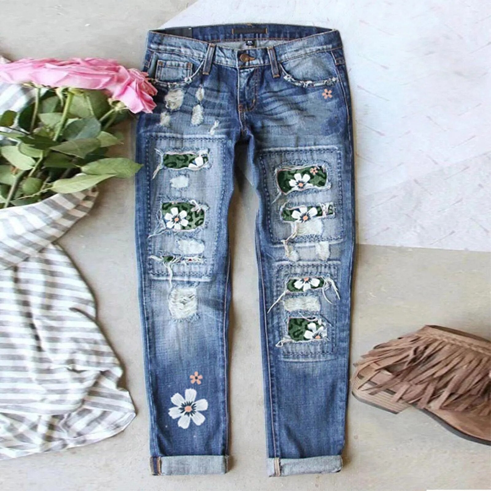Women's Sunflower Print Ripped Jeans Patchworks Regular Fit Long Casual Denim Jeans Holes Trousers Streetwear Denim Pencil Pants 2-Green