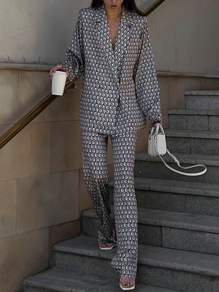 Autumn Winter Women Office Satin Suit Sets Printed V-neck Long Sleeve 2 Piece Pant Matching Set
