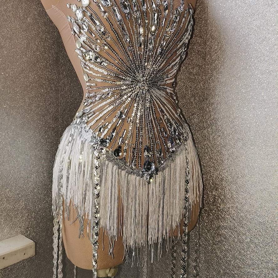 Sexy Rhinestone Crystal Bodysuit Women Big Stretch Tassel Club Prom Drag Queen Costume DS Stage Singer Dance Fringe Leotard