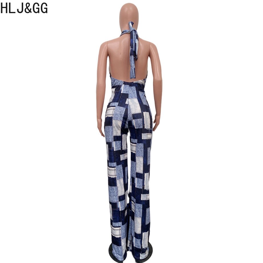 Blue Sexy Denim Color Patchwork Jumpsuits Women Hollow Out Halter One Piece Playsuits Casual Plaid Printing Overalls