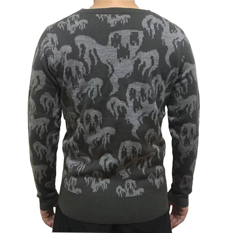 Halloween Adult Unisex Men and Women Crew Neck Cute Vintage Knit Ghost Pattern Ugly Halloween Sweater