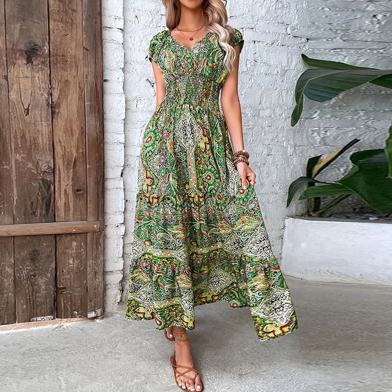 Women Vintage Print Long Dress Summer Elegant V Neck Elastic Waist Maxi Dresses 2023 Holiday Bohe Sexy Short Sleeve A-line Robe