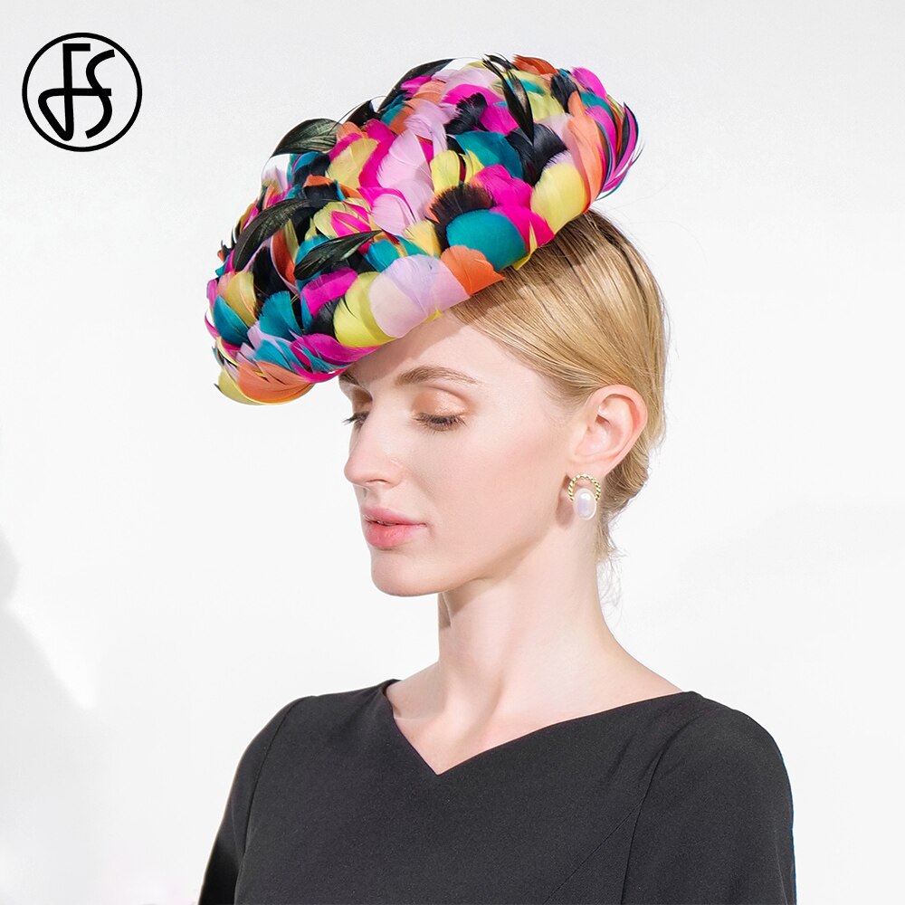 FS Luxury Woman Hat Wedding Ceremony Church Cap With Diamond Ladies Fascinators Cocktail Party Fancy Feathers Millinery