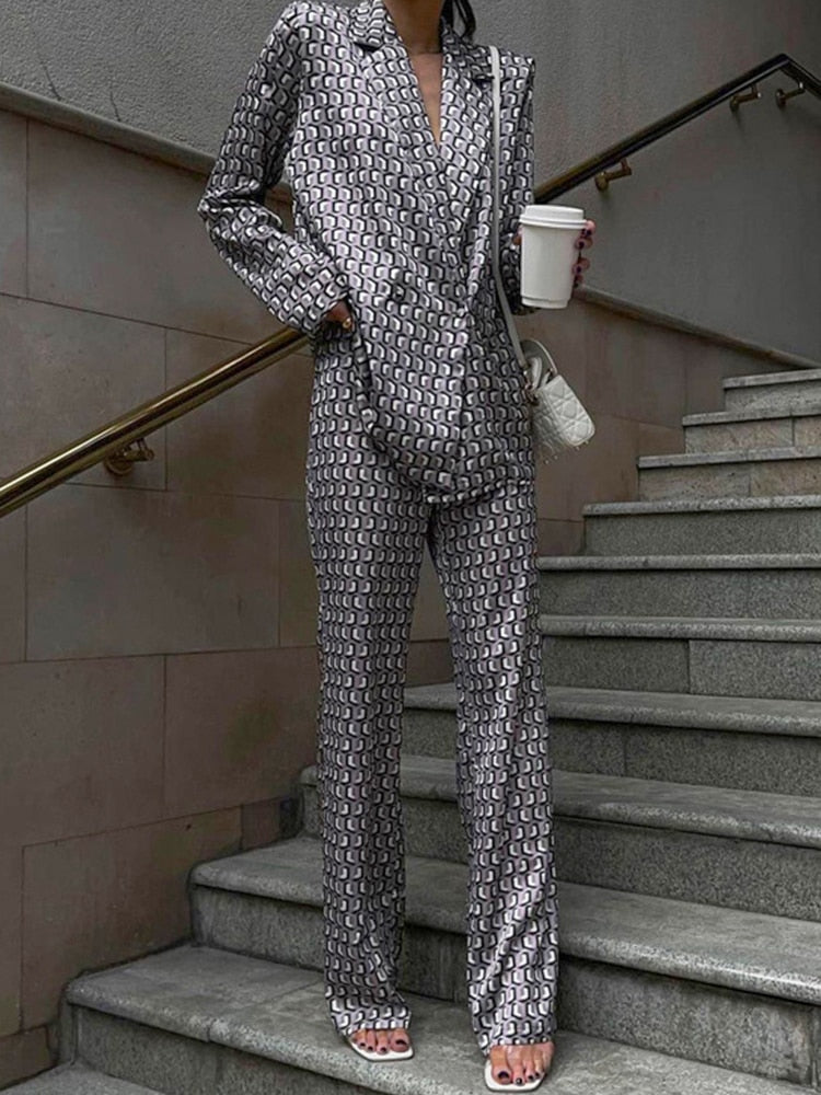 Autumn Winter Women Office Satin Suit Sets Printed V-neck Long Sleeve 2 Piece Pant Matching Set