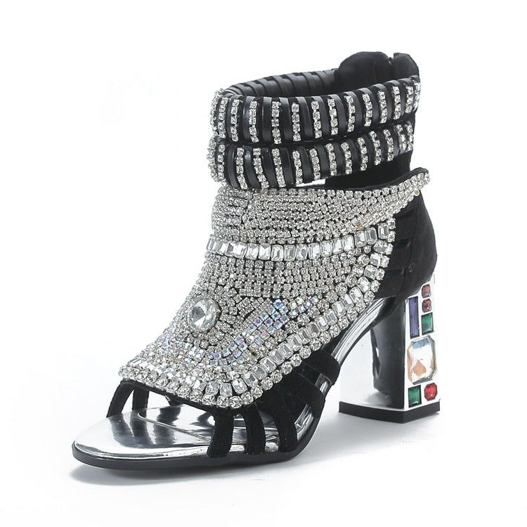 Summer Fashion Sandals Bling Rhinestone High Heels Diamond Chunky Heel Thin Strap Zip Open Toe Boots Designer Shoes Party Prom Black Spain