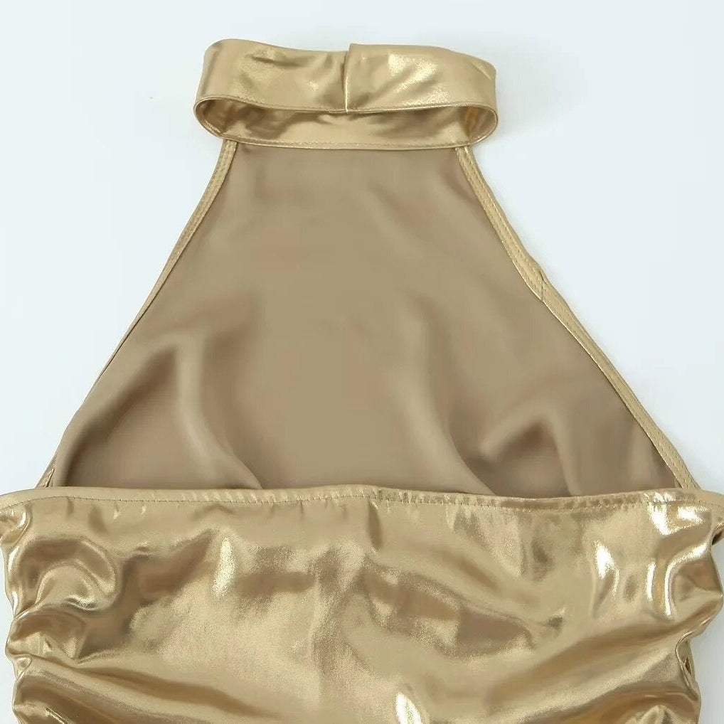 Women Metallic Glitter Hanging Neck Crop Top Y2K Fashion Sleeveless Ruched Top Summer Sexy Backless Slim Tops