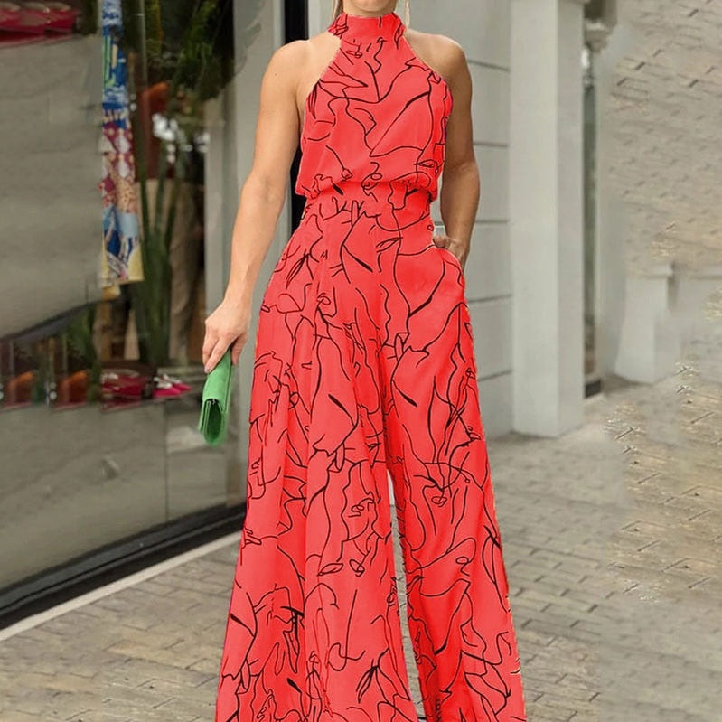 Elegant Women Sleeveless Jumpsuits Sexy Halterneck Long Rompers Wide Leg Pants Fashion Printed Bodysuit Jumpsuit Lady Outfit RedBlack