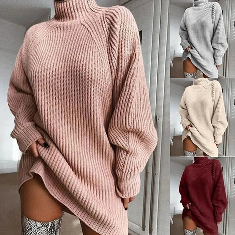 Wanita turtleneck gaun rajutan besar solid lengan panjang sweater elegan gaun rajutan musim gugur/musim dingin