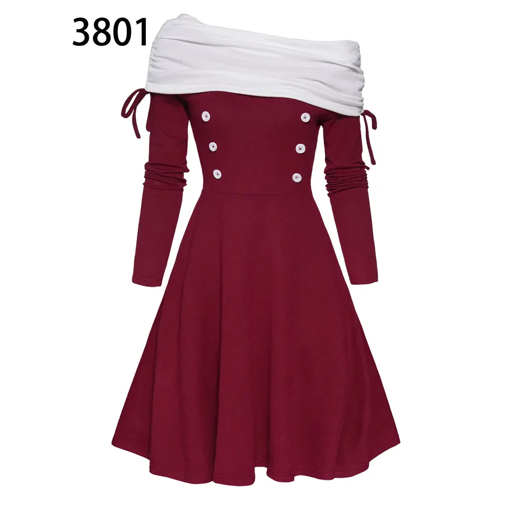 Convertible Cinched Striped Flare Dress Foldover Off The Shoulder Knitted Dresses Women Long Sleeve Jurken Red3801