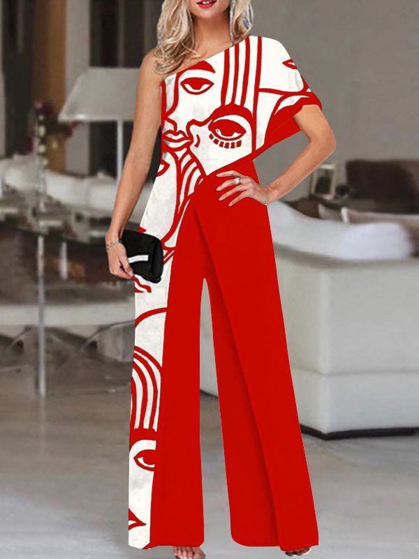 Women's Summer Rompers Elegant Office Formal Jumpsuits Casual Solid One Shoulder Sexy Loose Party Overalls Oversized Style C Red