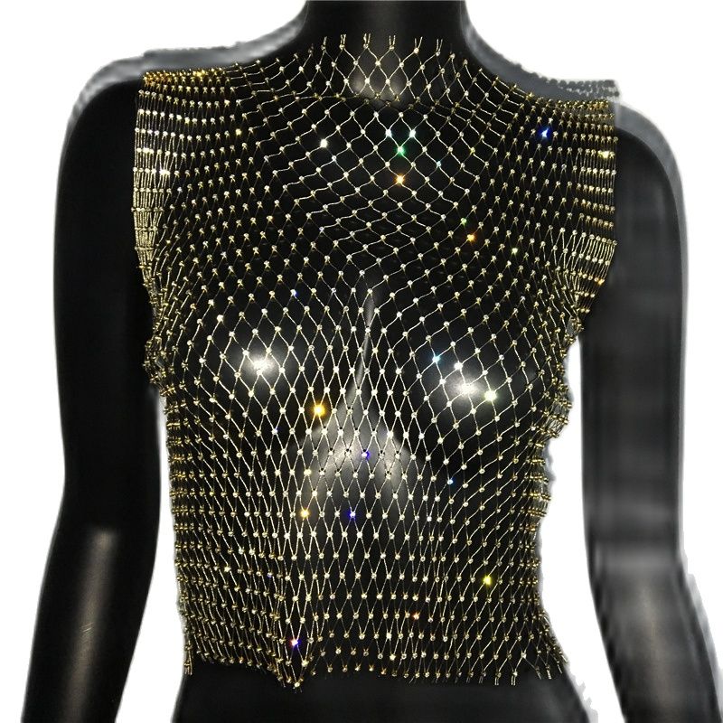 Women's Fishnet Rhinestone Crop Top 2023 Summer Sexy Mesh High Elastic Black White Shirt Net See Through Rave Diamond Tank Top Gold O Neck